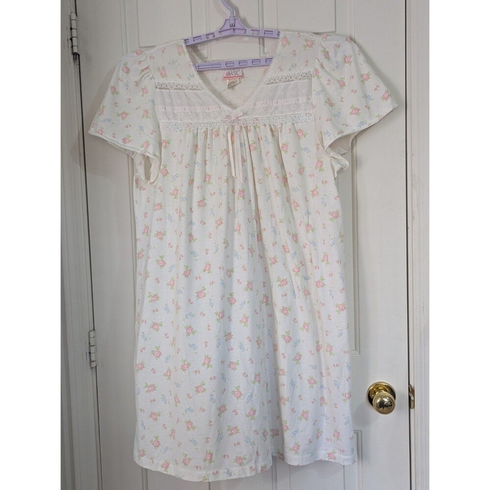 VTG Simply Basic Nightgown XL S/S White Pink Roses Lace Satin Bow Cottagecore